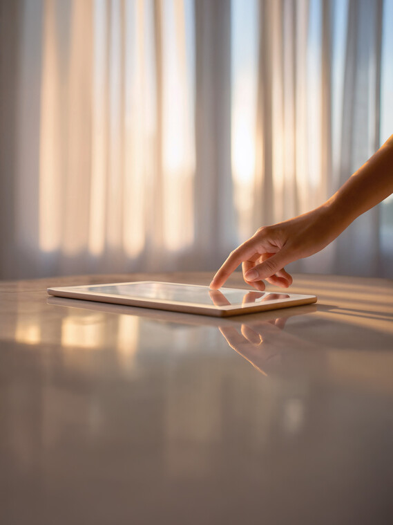 Occhio air being controlled with tablet interface on a table